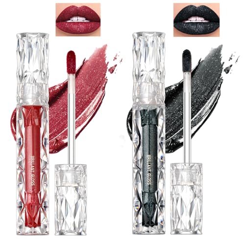 Diamond Glitter Lip Gloss Lipstick,Shimmer Black Red Sparkly Hydrating Flüssiger Lippenstift,High Pigmented Schimmer Long Lasting Waterproof Non-Stick Cup Lip Plumper Gloss Set for Women(2PCS) von Inkjoy