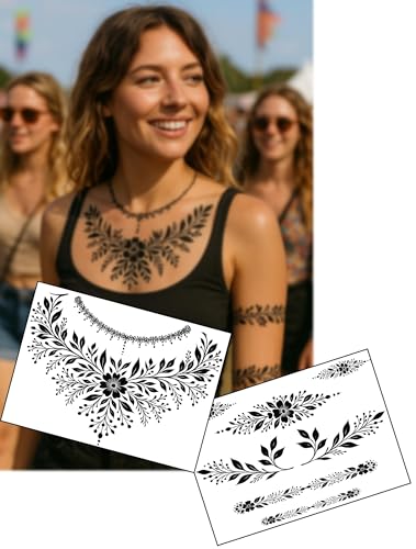 InkLace Black Floral Tattoo Set - 2x A5 Temporäre Tattoobögen - Passende Festival Halskette & Armband Designs - Elegante Partykleidung für Frauen von Inkwear von Inkwear