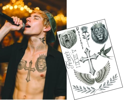Pop Icon Brust & Hals Beliebte Tattoos - Temporäre Tinte Set für Männer | Body Art | A4 Blatt mit Kreuz, Löwe, Bär, Flügel & mehr | Realistische Fake Tattoos für Fasching oder Cosplay von Inkwear