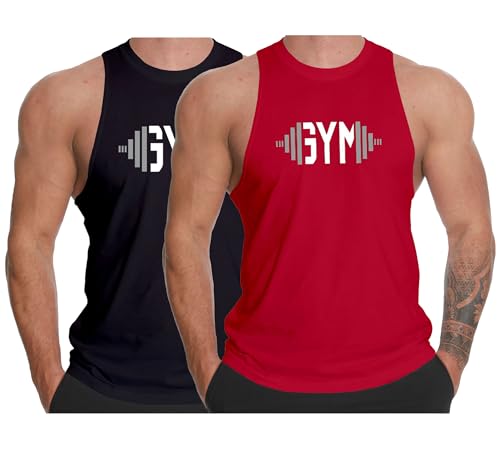 InleaderAesthetics Herren Fitnessstudio Bodybuilding Stringer Baumwolle Fitness Workout Training Muskel Y-Rücken ärmelloses Tanktop Weste, Bk+rd, Groß von InleaderAesthetics