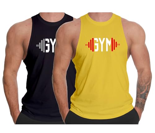 InleaderAesthetics Herren-Tanktop für Fitnessstudio, Workout, Y-Rücken, Muecle-T-Shirt, Stringer, Fitness, Bodybuilding, ärmellose T-Shirts, Bk+yl, XL von InleaderAesthetics