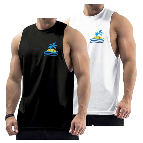 InleaderStyle Herren Workout Tank Tops Baumwolle Gym Cut Off Sleeveless T Shirt Bodybuilding Fitness Muscle Athletic Tank Tops, BK1+WT1, L von InleaderStyle