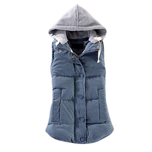 Inlefen Abnehmbare Kapuze mit gesteppten Knöpfen für Damen gepolsterte Weste wasserdichter ärmelloser Bodywarmer-Mantel mit Reißverschluss (Blau-2XL) von Inlefen