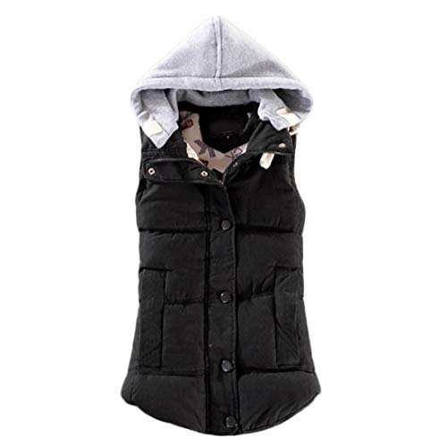 Inlefen Abnehmbare Kapuze mit gesteppten Knöpfen für Damen gepolsterte Weste wasserdichter ärmelloser Bodywarmer-Mantel mit Reißverschluss (Schwarz-2XL) von Inlefen