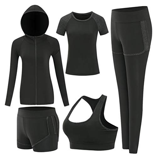 Inlefen Damen Trainingsanzug-Sets Sportanzug-Set weich und bequem Schnelltrocknend Laufen Joggen Fitness Workout Trainingsanzug 5-teiliges Set Damen Sportbekleidung-Sets Yoga-Bekleidung von Inlefen