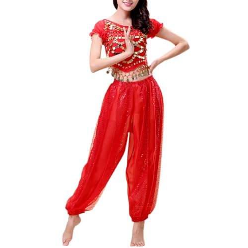 Inlefen Frauen Bauchtanz Indischer Tanz Aufführung Chiffon-Röcke Glänzend Bauchtanz Anzüge Halloween Karneval Tanzen Performance-Kleidung Rot (160-175cm,45-70kg) von Inlefen