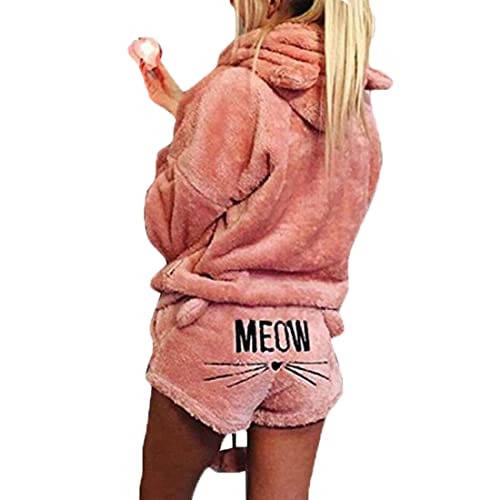 Inlefen Frauen Zweiteilige Pyjamas warme Korallen Fleece süße Pyjamas süße Katze Muster Hoodie + Shorts Anzug Rosa-S von Inlefen