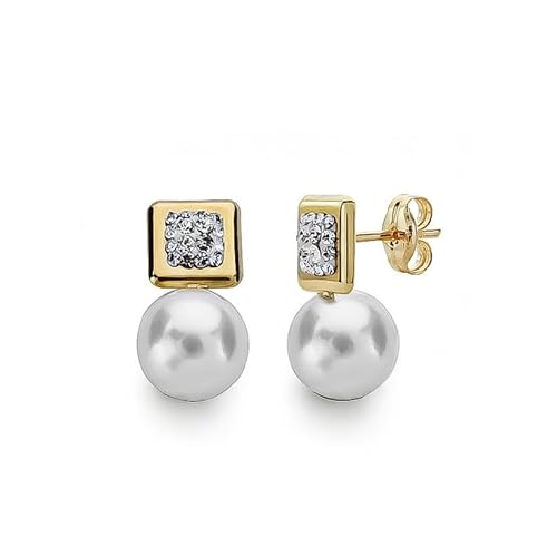 14 mm große Ohrringe aus 9 Karat Gold mit 7,5 mm großen Kunstperlen, kombiniert in quadratischer Form. von Inmaculada Romero IR