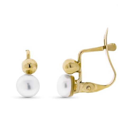 9-karätige Goldohrringe zur Erstkommunion mit einer 3 mm großen glatten Kugel und einer 5 mm großen Zuchtperle. von Inmaculada Romero IR