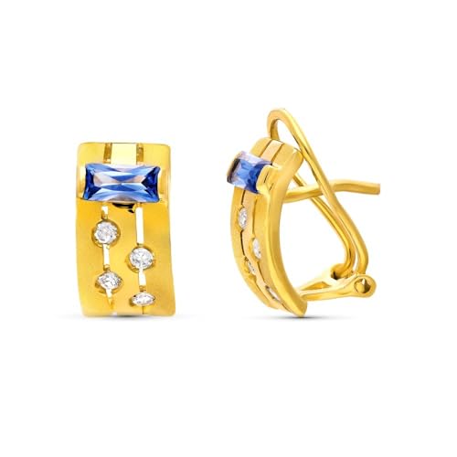 Goldene Ohrringe 18k Frauen 12mm. Blue Stone Bar Kombinierte Mittelzirkonitas von Inmaculada Romero IR