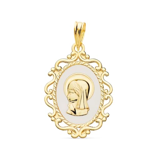 Inmaculada Romero IR 18 Karat Goldmedaille „Jungfrau mit Kind“ zur Erstkommunion, 23 mm, weißer Hintergrund von Inmaculada Romero IR