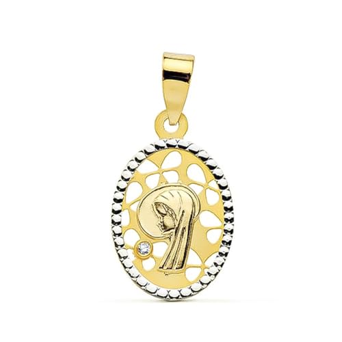 Inmaculada Romero IR Jungfrau-Mädchen-Medaille aus 16 mm zweifarbigem 9-karätigem Gold zur Erstkommunion, durchbrochen mit Zirkonia von Inmaculada Romero IR
