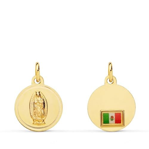 Inmaculada Romero IR Jungfrau von Guadalupe Unisex-Medaille aus 18-karätigem Gold, 16 mm. Glatte Lünette mit Mexiko-Flagge auf der Rückseite von Inmaculada Romero IR