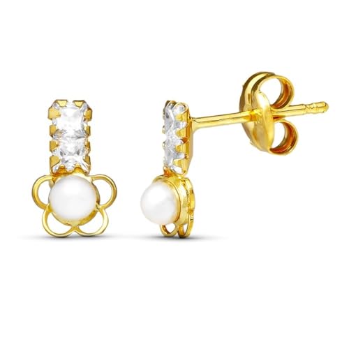 Ohrringe aus 18 Karat Gold, 8 mm, mit Perle und durchbrochenem Blumendetail mit zwei stabförmigen Zirkonias. von Inmaculada Romero IR