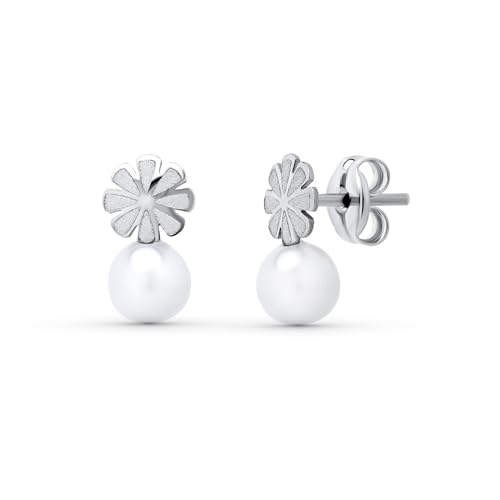 Ohrringe aus 18 Karat Weißgold, 9 mm, mit Perle und lasergeschnittenem Blumendetail. von Inmaculada Romero IR