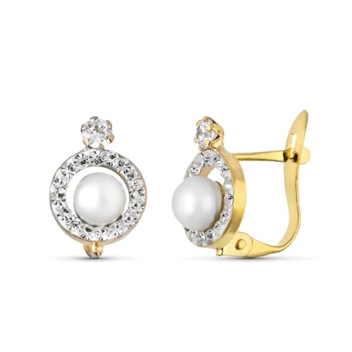 Ohrringe aus 9 Karat Gold, 10 mm rund, mit einer Naturperle in der Mitte und Zirkonia am Rand. von Inmaculada Romero IR