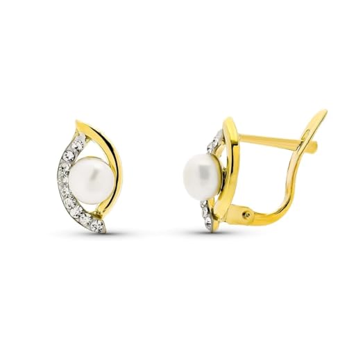 Ohrringe aus 9 Karat Gold, 12 mm, zwei ovale Bänder mit Zirkonia und einer Naturperle in der Mitte. von Inmaculada Romero IR