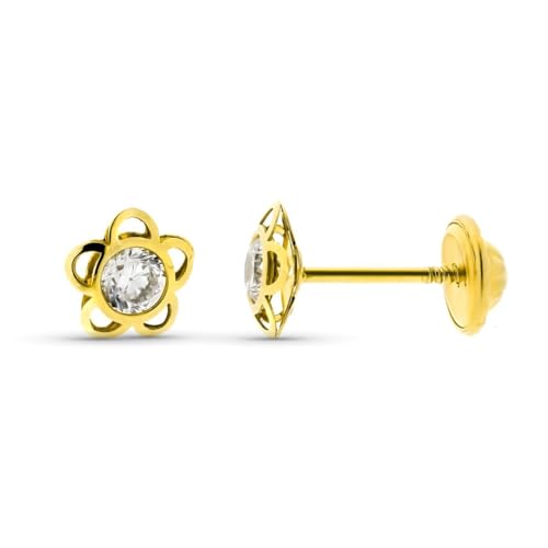 Ohrringe aus 9 Karat Gold mit einer 6 mm großen, durchbrochenen Blütenform und Zirkonia von Inmaculada Romero IR