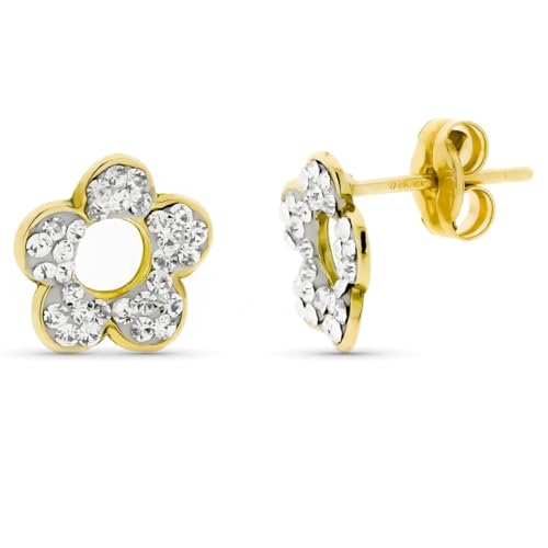 Ohrringe aus 9 Karat Gold mit einer 9 mm großen durchbrochenen Blume und Zirkonia. von Inmaculada Romero IR
