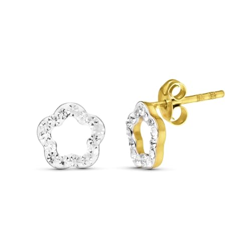 Ohrringe aus 9 Karat zweifarbigem Gold mit einer 7 mm großen durchbrochenen Blumenform und Zirkonia von Inmaculada Romero IR