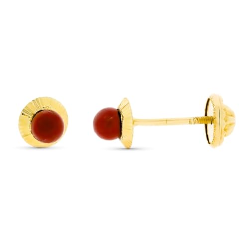 Ohrringe aus 9-karätigem Gold mit einem 4 mm großen runden Korallenstein und russischen Randdetails. von Inmaculada Romero IR