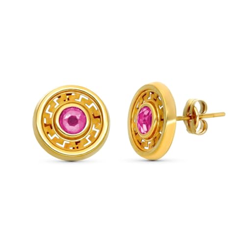 Ohrringe aus 9-karätigem Gold mit einer runden Form von 11 mm, durchbrochenen Details und einem rosa Stein in der Mitte. von Inmaculada Romero IR