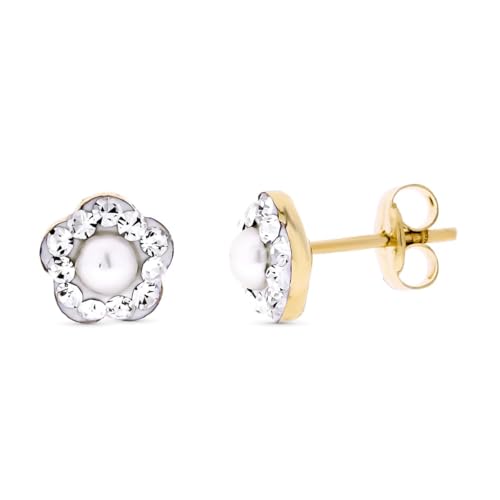 Zweifarbige Ohrringe aus 9 Karat Gold in Form einer 6 mm großen Blume, einer 3 mm großen künstlichen Perle und Zirkonia. von Inmaculada Romero IR
