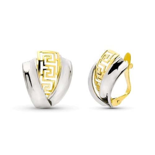 Zweifarbige Ohrringe aus 9 Karat Gold mit 16 mm breiten glatten Bändern und durchbrochenen griechischen Motiven. von Inmaculada Romero IR