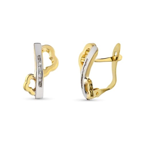 Zweifarbige Ohrringe aus 9 Karat Gold mit einem 13 mm großen vertikalen Stab, Zirkonen und durchbrochenen Blumenformen an den Seiten. von Inmaculada Romero IR