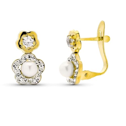 Zweifarbige Ohrringe aus 9 Karat Gold mit einer 12 mm großen Blütenform, einer Zuchtperle in der Mitte und Zirkonia. von Inmaculada Romero IR