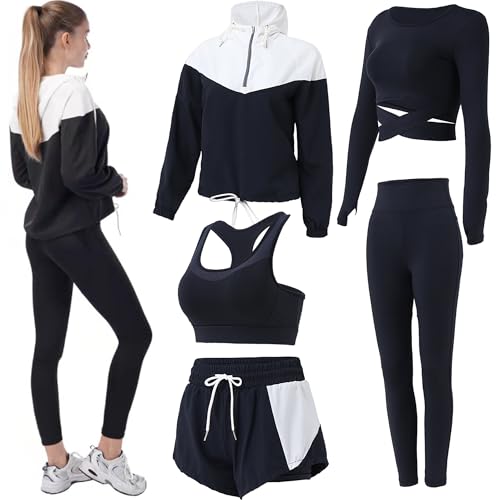 Inmarces 5 Stück Sport Set Damen Sportbekleidung Yoga Set Trainingsanzug Jogging Gym Pilates Sport Outfit Damen Set(BK01,S) von Inmarces