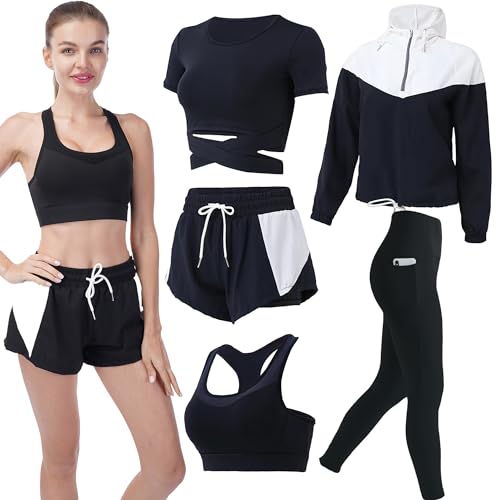 Inmarces 5 Stück Sport Set Damen Sportbekleidung Yoga Set Trainingsanzug Jogging Gym Pilates Sport Outfit Damen Set(BK03,L) von Inmarces