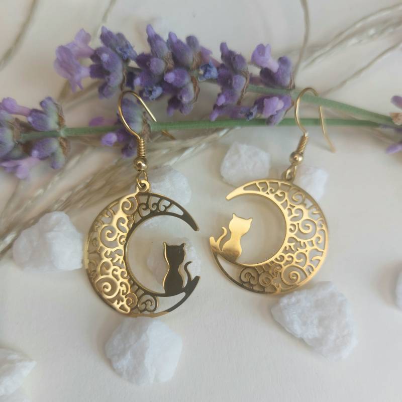 Halbmond Ohrringe Katze Auf Dem Mond Edelstahl Ohrhaken in Gold Und Silber Mädchen Rund Halbmond Ohrringe Katze Auf Dem Mond Edelstahl Ohrhaken in Gold Und Silber Mädchen Rund von InnBos
