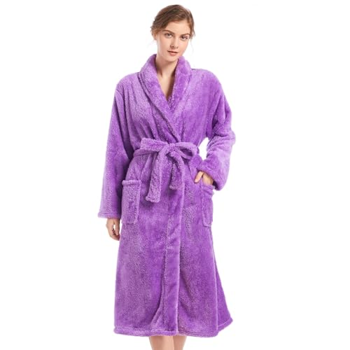 Inner Wish Damen Plüsch-Fleece-Robe, gemütlich, warmer Bademantel, flauschiger Damen-Bademantel mit Taschen (Hellgrau + Rosarot), Veilchen, Small-Medium von Inner Wish
