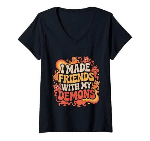 Damen I Made Friends with My Demons Nervöser introspektive T-Shirt mit V-Ausschnitt Damen I Made Friends with My Demons Nervöser introspektive T-Shirt mit V-Ausschnitt von Innerer Denken Sarkasmus Stimmung