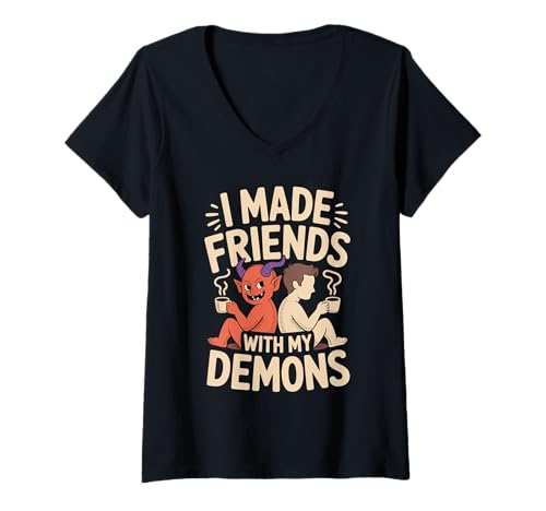 Damen I Made Friends with My Demons Nervöser introspektive - T-Shirt mit V-Ausschnitt Damen I Made Friends with My Demons Nervöser introspektive - T-Shirt mit V-Ausschnitt von Innerer Denken Sarkasmus Stimmung