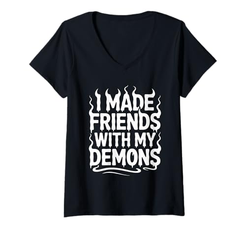 Damen I Made Friends with My Demons Nervöser introspektive - T-Shirt mit V-Ausschnitt Damen I Made Friends with My Demons Nervöser introspektive - T-Shirt mit V-Ausschnitt von Innerer Denken Sarkasmus Stimmung