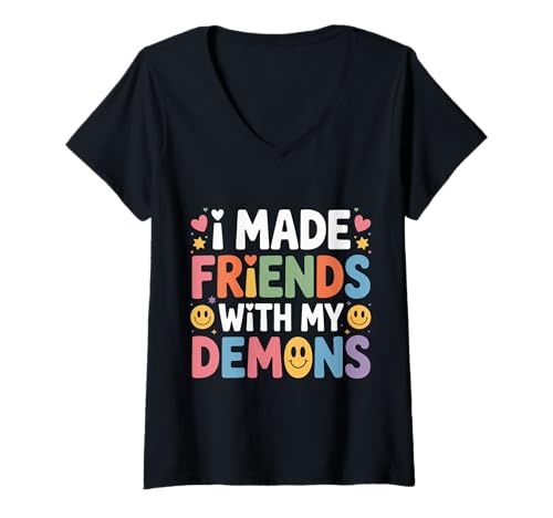 Damen I Made Friends with My Demons Nervöser introspektive - T-Shirt mit V-Ausschnitt Damen I Made Friends with My Demons Nervöser introspektive - T-Shirt mit V-Ausschnitt von Innerer Denken Sarkasmus Stimmung