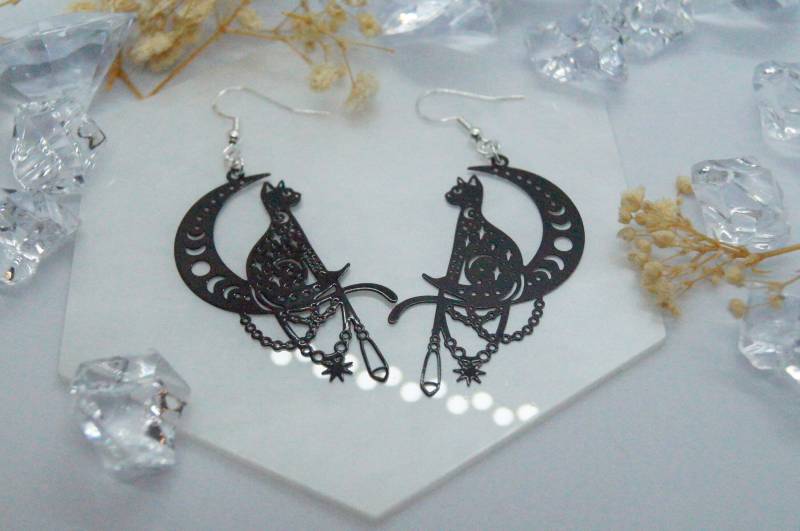 Wicca Katze Ohrringe | Handgemachter Schmuck Zauberhafte Niedliche Einzigartiger Hängeohrringe von InneresGlaenzen