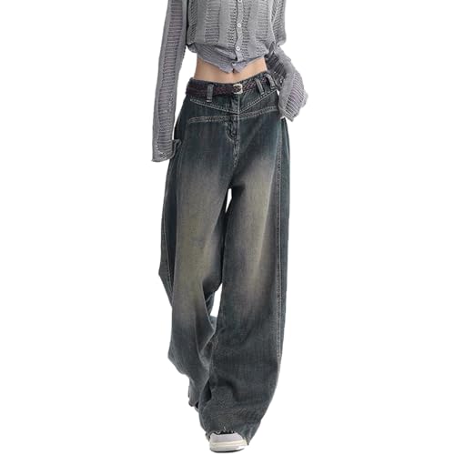 Damen Baggy Y2k Boyfriend Jeanshose Low Waist Hip Hop Straight Vintage Denim Hose Breites Bein Loose Hosen Locker Streetwear Schlupfjeans Freizeithose Harajuku Trendy Teenager Mit Reißverschluss von Innerternet