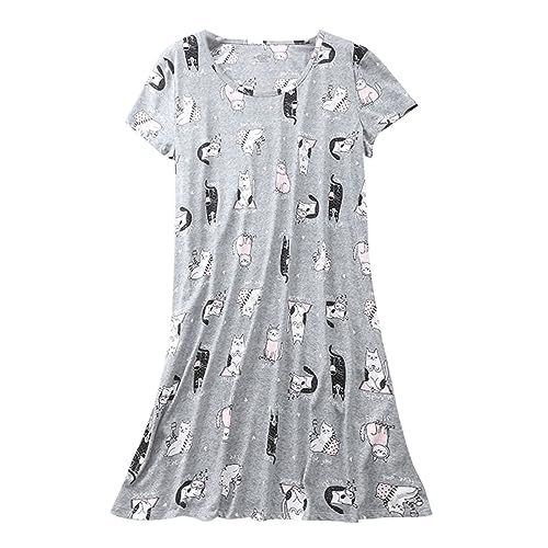 Damen-Nachthemden aus Baumwolle, Schlafshirts, Sommerhemd, kurzärmlig, Pyjama-Kleid, niedliches Cartoon-gemustertes Nachtkleid, Nachtwäsche, graue Katze, Größe M Nachthemd Damen (Dark Gray, XL) von Innerternet