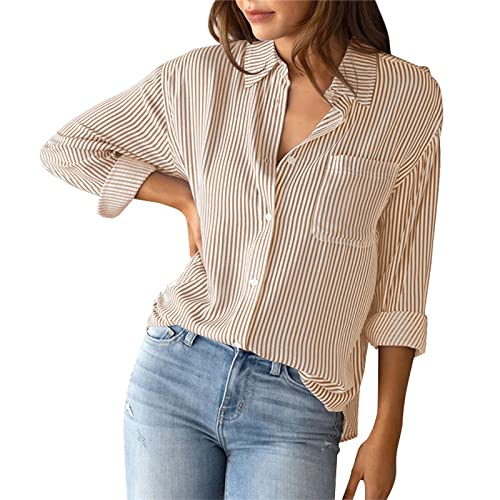 Innerternet Bluse Damen Elegant Langarm Streifenbluse Hemden mit Knöpfen Casual Büro Arbeit Blusen Baumwolle Tunika Hemd Oberteile Tops von Innerternet