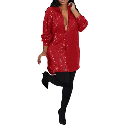 Innerternet Kleid Sexy Einfarbiges, Loses Hemdkleid mit Pailletten für Damen im Frühling/Winter (Red, XXXL) von Innerternet