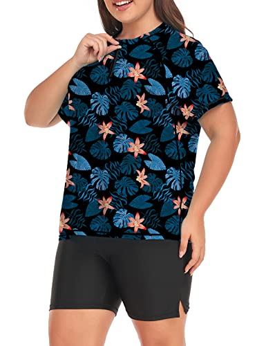 Inno 2-teiliger Rashguard-Badeanzug für Damen, Übergröße, kurzärmelig, mit Boyshorts, UPF 50+, Surf-Bademode, 1 x 2 x 3 x 4 x 5 x 6 x 6 x, Reißverschluss, Blumenmuster, 6x von Inno
