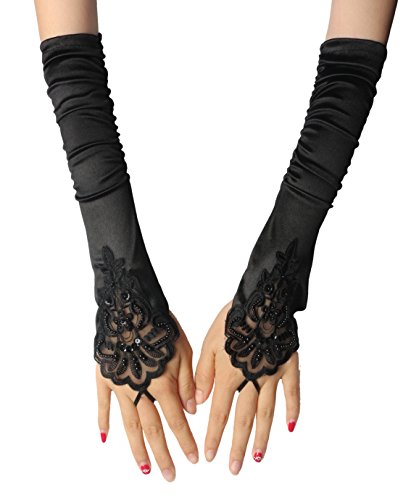 INNOBASE 1920er Jahre Handschuhe Black Oper Lang Satin Ellenbogen Handschuhe Braut Finger aus Spitze für Hochzeit Abend Schwarz Weiß für Frauen, average, Polyester von InnoBase