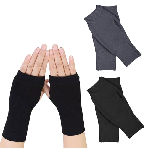 InnoSpring 2 Paar Handschuhe ohne Finger, Damen Pulswärmer, Fingerlose Handschuhe ohne Fingerkuppen aus weichem Kaschmir, mit Fleece gefüttert, kurze Strickhandschuhe (Schwarz + Dunkelgrau) von InnoSpring