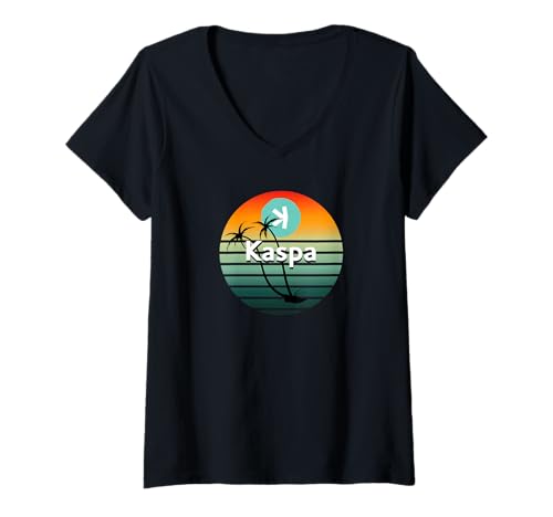 Damen Kaspa CryptoRetro Sonnenuntergang T-Shirt mit V-Ausschnitt Damen Kaspa CryptoRetro Sonnenuntergang T-Shirt mit V-Ausschnitt von Innoutcrypto Apparel