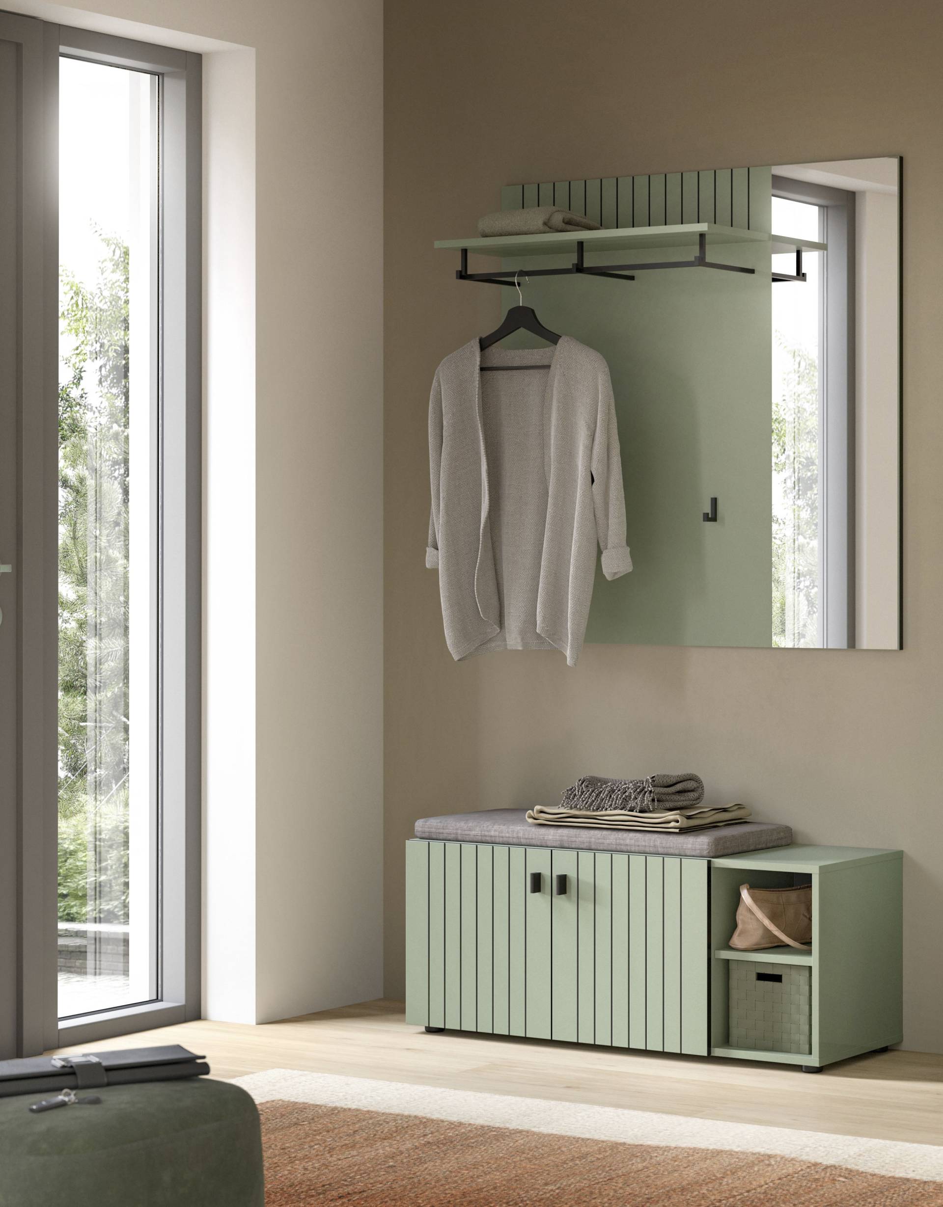 INOSIGN Garderoben-Set "TATIO, 3-tlg. Garderobenkombination, Breite: 106 cm, Rillenfräsung" Set, Set, best. aus: 1Paneel, 1 Garderobensitzbank inkl. Kissen, 3 Stk. tlg. von Inosign