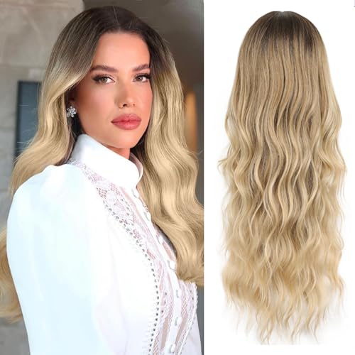 Honigblonde Perücke für Damen, Kunsthaar, lang, gewellt, Ombré-Perücke, mit dunklen Wurzeln, hitzebeständige Kunsthaarperücke für den täglichen Gebrauch und Party, 50,8 cm Honigblonde Perücke für Damen, Kunsthaar, lang, gewellt, Ombré-Perücke, mit dunklen Wurzeln, hitzebeständige Kunsthaarperücke für den täglichen Gebrauch und Party, 50,8 cm von InsQueen
