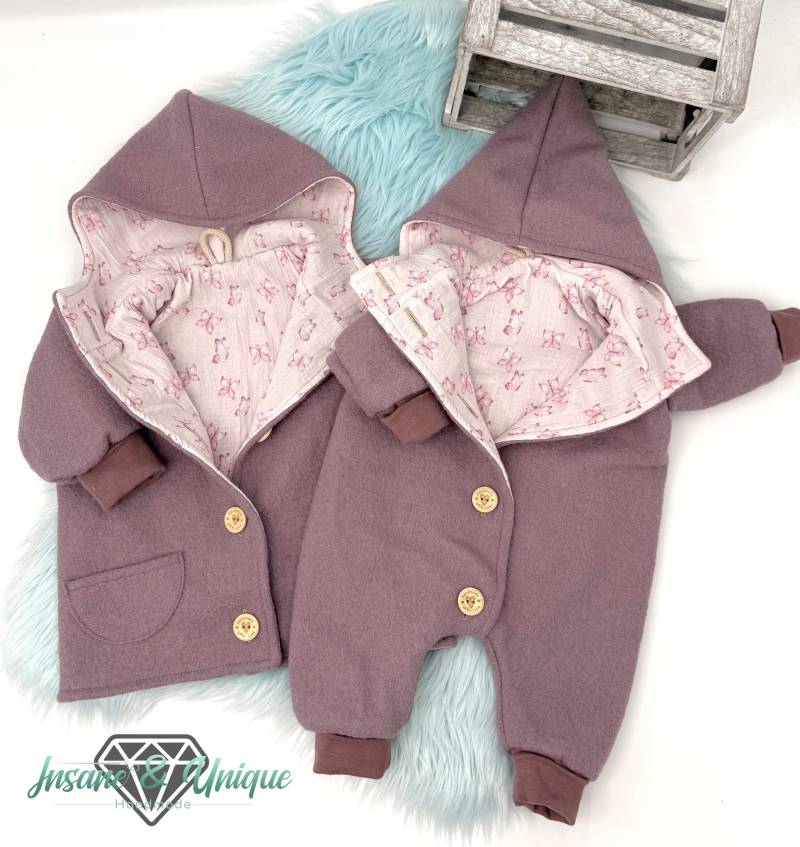 Walkjacke & Walkoverall Baby Kinder - Wollwalk | Schurwolle Mit Musselin-Futter Altflieder von InsaneandUnique